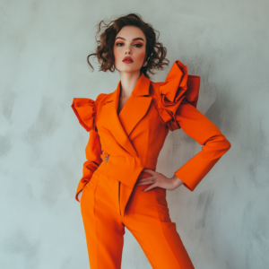 Bold, structured outfit with strong lines and asymmetry