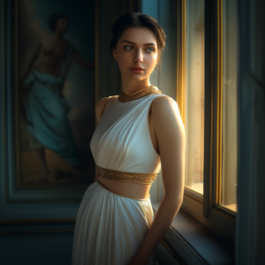 White toga-inspired outfit with rich, gold accessories