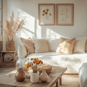 Vintage, cozy home decor, with floral accents and soft colors