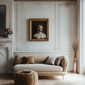 Classical living room with some elements of washed gold.