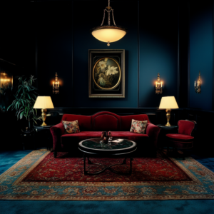 Living room in Art Deco style with vivid colors and symmetry.